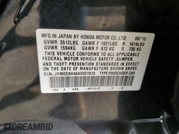 2010 Honda Fit Sport with VIN JHMGE8H46AS027813, listed as a Copart auction lot 52589035 with 212,672 mi miles and Salvage Title. Bid and sale history available at carsss.com. Image 12.