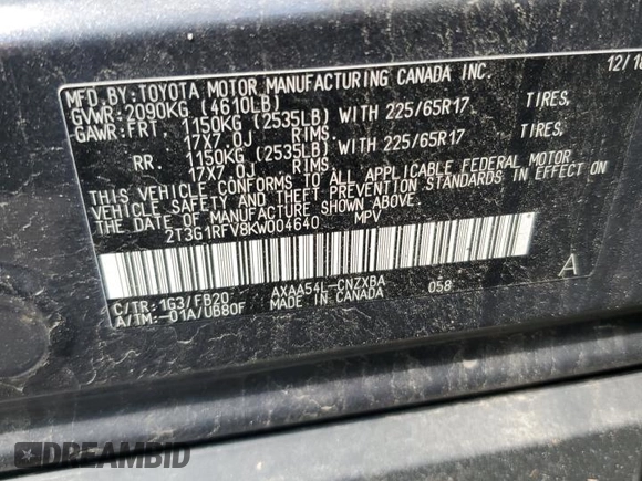 2019 Toyota RAV4 LE with VIN 2T3G1RFV8KW004640, listed as a Copart auction lot 63037085 with 83,961 mi miles and Salvage title. Bid and sale history available at DreamBid. Image 14.