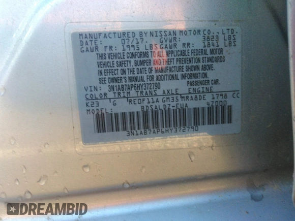 2017 Nissan Sentra S z VIN 3N1AB7AP6HY372790, wystawiony jako IAAI lot #41424894 z przebiegiem 107 539 mil mil oraz . Historia ofert i sprzedaży dostępna na DreamBid. Obrazek 9.