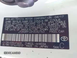 2017 Toyota Prius Two with VIN JTDKBRFU2H3042763, listed as a IAAI auction lot 41946566 with 199,877 mi miles. Bid and sale history available at carsss.com. Image 9.