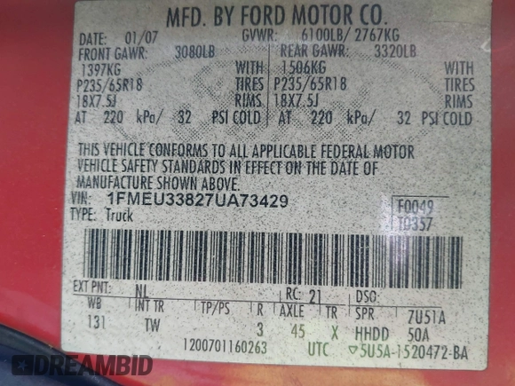 2007 Ford Explorer Sport Trac Limited with VIN 1FMEU33827UA73429, listed as a IAAI auction lot 42375184 with 152,494 mi miles and . Bid and sale history available at DreamBid. Image 9.