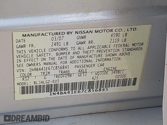 2007 Nissan Maxima SE with VIN 1N4BA41E67C856845, listed as a IAAI auction lot 42115531 with 153,954 mi miles and . Bid and sale history available at DreamBid. Image 9.