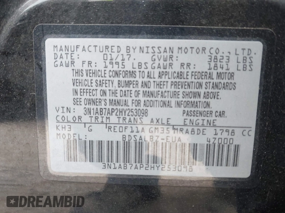 2017 Nissan Sentra SV z VIN 3N1AB7AP2HY253098, wystawiony jako IAAI lot #42122868 z przebiegiem 92 271 mil mil oraz . Historia ofert i sprzedaży dostępna na DreamBid. Obrazek 9.