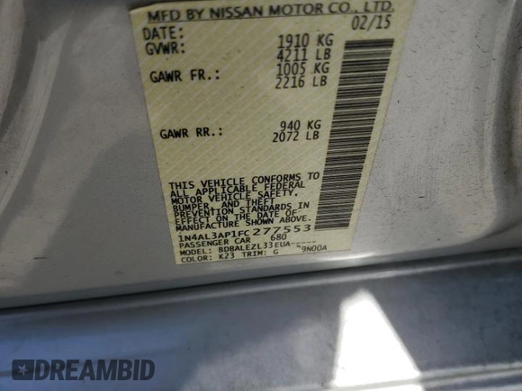 2015 Nissan Altima 2.5 with VIN 1N4AL3AP1FC277553, listed as a Copart auction lot 61069645 with 132,118 mi miles and Salvage title. Bid and sale history available at DreamBid. Image 12.
