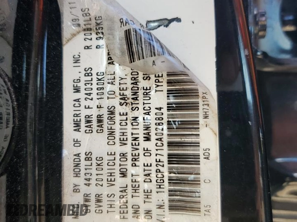 2012 Honda Accord EX with VIN 1HGCP2F71CA028804, listed as a Copart auction lot 63459535 with 246,779 mi miles and Salvage title. Bid and sale history available at DreamBid. Image 13.