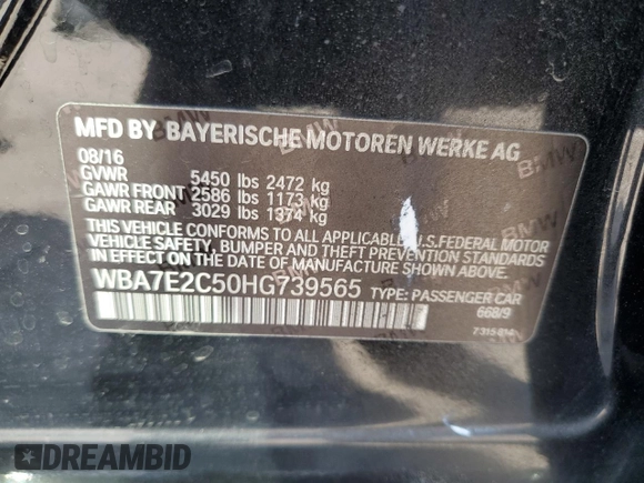 2017 BMW 7 Series 740i with VIN WBA7E2C50HG739565, listed as a Copart auction lot 64584885 with 114,496 mi miles and Salvage title. Bid and sale history available at DreamBid. Image 12.