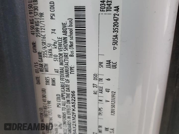 2015 Ford Transit Passenger XL with VIN 1FBAX2XM2FKA52266, listed as a Copart auction lot 83310454 with 20,424 mi miles and Salvage Title. Bid and sale history available at carsss.com. Image 14.
