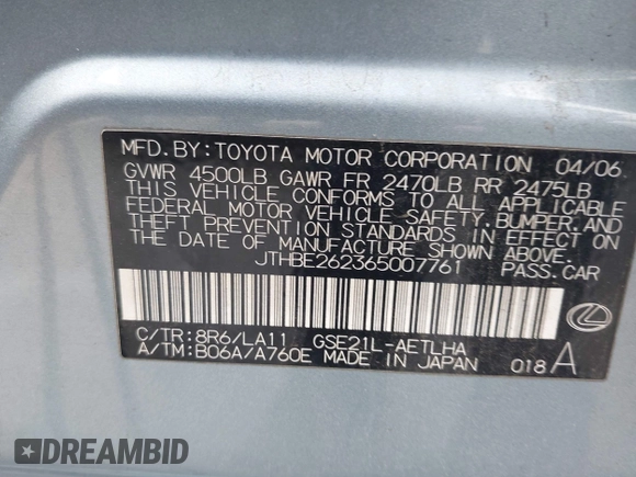 2006 Lexus IS 350 with VIN JTHBE262365007761, listed as a IAAI auction lot 42418824 with 114,088 mi miles and . Bid and sale history available at DreamBid. Image 9.