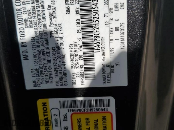 2017 Ford Mustang GT with VIN 1FA6P8CF2H5250543, listed as a Copart auction lot 61125835 with 52,650 mi miles and Salvage title. Bid and sale history available at DreamBid. Image 12.