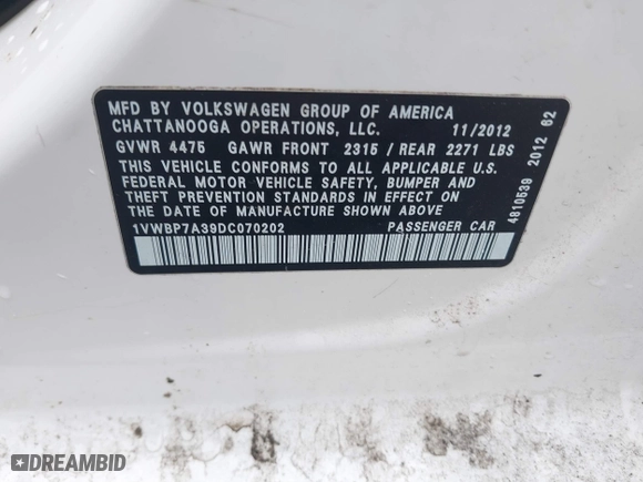 2013 Volkswagen Passat SE with VIN 1VWBP7A39DC070202, listed as a IAAI auction lot 41555860 with 149,091 mi miles. Bid and sale history available at carsss.com. Image 9.