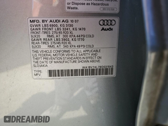 2008 Audi Q7 4.2L Premium with VIN WA1BV74L78D031543, listed as a Copart auction lot 60248224 with 102,023 mi miles and Salvage Title. Bid and sale history available at carsss.com. Image 16.