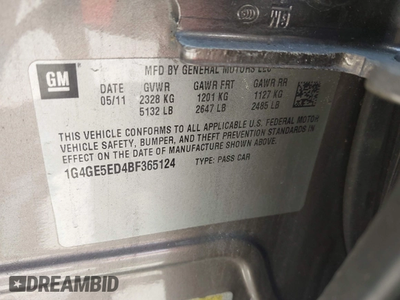 2011 Buick LaCrosse CXS with VIN 1G4GE5ED4BF365124, listed as a IAAI auction lot 42802593 with 149,820 mi miles and . Bid and sale history available at DreamBid. Image 9.