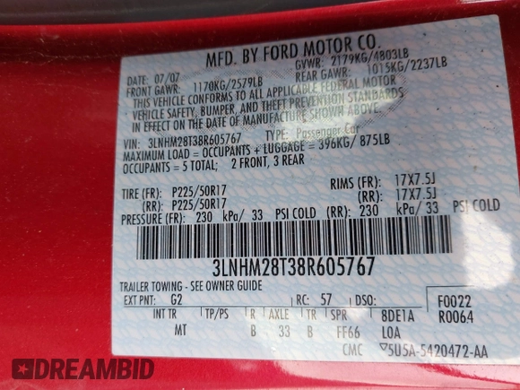 2008 Lincoln MKZ with VIN 3LNHM28T38R605767, listed as a IAAI auction lot 41773715 with 72,417 mi miles. Bid and sale history available at carsss.com. Image 9.