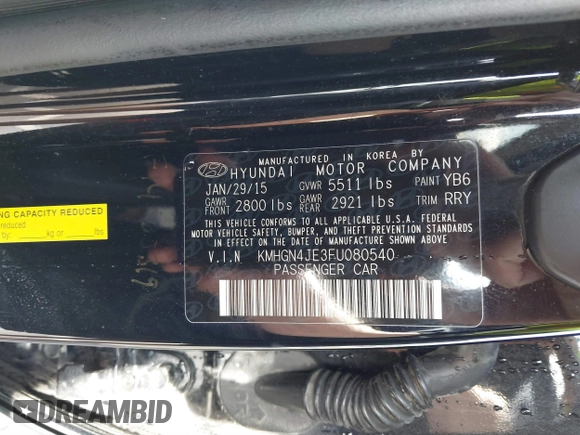 2015 Hyundai Genesis 3.8L with VIN KMHGN4JE3FU080540, listed as a IAAI auction lot 39274450 with 144,269 mi miles. Bid and sale history available at carsss.com. Image 9.