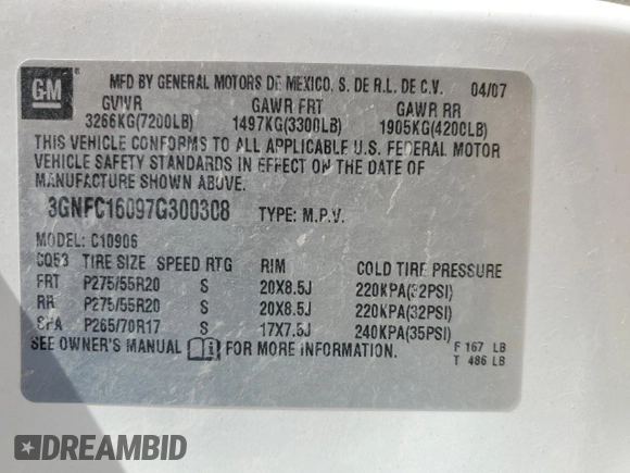 2007 Chevrolet Suburban LT with VIN 3GNFC16097G300308, listed as a Copart auction lot 84014154 with 168,618 mi miles and Salvage title. Bid and sale history available at DreamBid. Image 13.