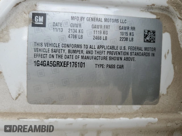 2014 Buick LaCrosse with VIN 1G4GA5GRXEF176101, listed as a Copart auction lot 56921125 with 144,777 mi miles and Salvage title. Bid and sale history available at DreamBid. Image 12.