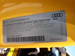 2019 Audi TTS z VIN TRUA1AFV0K1002375, wystawiony jako Copart lot #43124632 z przebiegiem 25 607 mil mil oraz . Historia ofert i sprzedaży dostępna na DreamBid. Obrazek 10.
