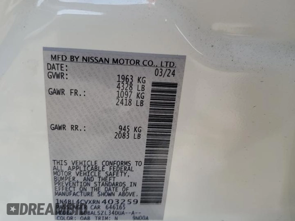 2024 Nissan Altima SR with VIN 1N4BL4CVXRN403259, listed as a Copart auction lot 54553145 with 16,198 mi miles and Salvage title. Bid and sale history available at DreamBid. Image 12.