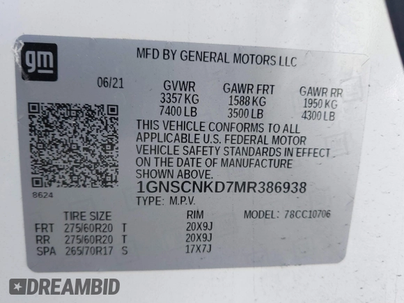 2021 Chevrolet Tahoe LT with VIN 1GNSCNKD7MR386938, listed as a IAAI auction lot 41723844 with 48,430 mi miles and . Bid and sale history available at DreamBid. Image 9.