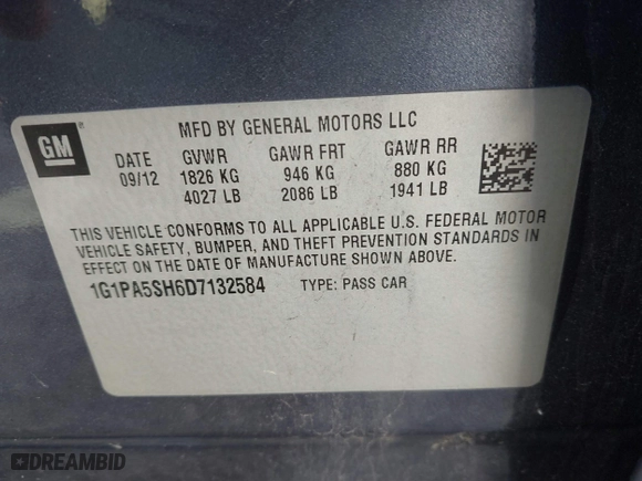 2013 Chevrolet Cruze LS with VIN 1G1PA5SH6D7132584, listed as a IAAI auction lot 41880780 with 15,197 mi miles. Bid and sale history available at carsss.com. Image 9.