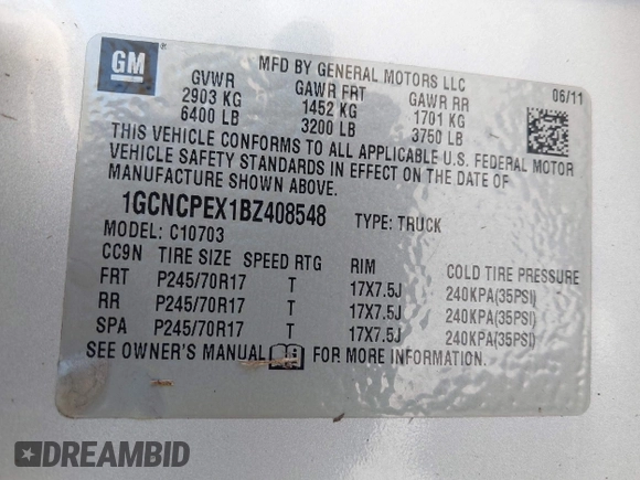 2011 Chevrolet Silverado 1500 Work Truck with VIN 1GCNCPEX1BZ408548, listed as a IAAI auction lot 41333397 with Not Provided miles and . Bid and sale history available at DreamBid. Image 9.