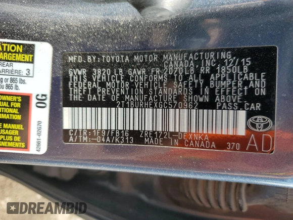 2016 Toyota Corolla L z VIN 2T1BURHEXGC570962, wystawiony jako Copart lot #56691285 z przebiegiem 103 872 mil mil oraz Szkoda całkowita • Salvage title. Historia ofert i sprzedaży dostępna na DreamBid. Obrazek 13.