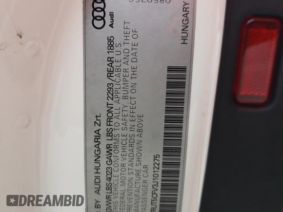 2018 Audi TT Roadster with VIN TRUT5CFV3J1012275, listed as a Copart auction lot 68512434 with 58,646 mi miles and Non repairable. Bid and sale history available at DreamBid. Image 12.