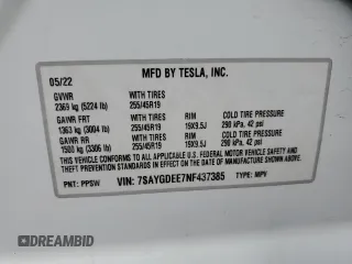 2022 Tesla Model Y Long Range z VIN 7SAYGDEE7NF437385, wystawiony jako Copart lot #51240645 z przebiegiem 45 372 mil mil oraz Szkody całkowita. Historia ofert i sprzedaży dostępna na DreamBid. Obrazek 12.
