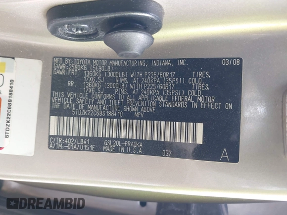 2008 Toyota Sienna XLE with VIN 5TDZK22C68S188410, listed as a IAAI auction lot 41941789 with 164,147 mi miles and . Bid and sale history available at DreamBid. Image 9.