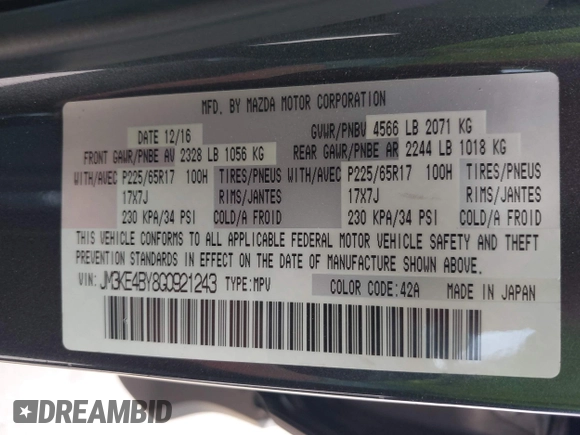 2016 Mazda CX-5 Sport with VIN JM3KE4BY8G0921243, listed as a IAAI auction lot 42102663 with 111,960 mi miles and . Bid and sale history available at DreamBid. Image 9.