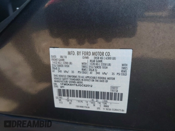 2018 Ford Explorer Platinum with VIN 1FM5K8HT6JGC62512, listed as a IAAI auction lot 42542371 with 76,462 mi miles and . Bid and sale history available at DreamBid. Image 9.