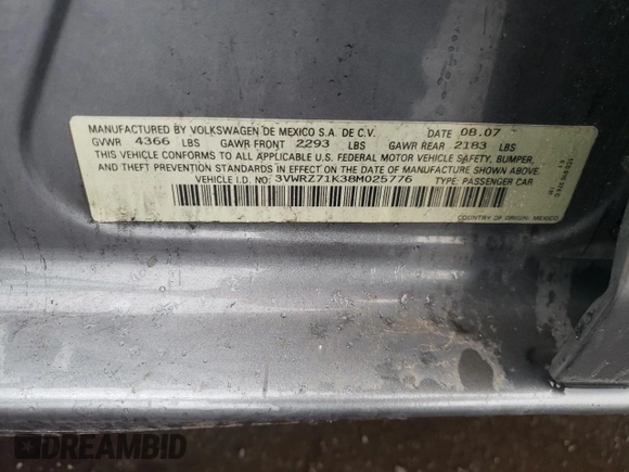 2008 Volkswagen Jetta SE with VIN 3VWRZ71K38M025776, listed as a Copart auction lot 55985785 with 200,694 mi miles and Salvage title. Bid and sale history available at DreamBid. Image 13.