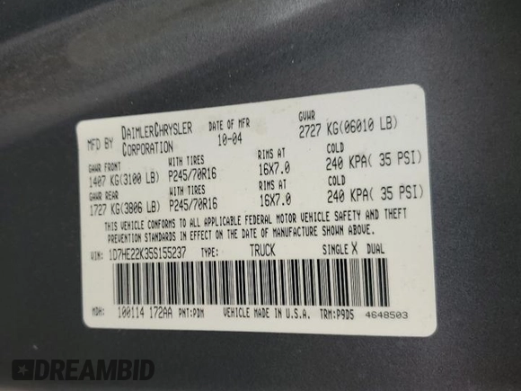 2005 Dodge Dakota ST with VIN 1D7HE22K35S155237, listed as a Copart auction lot 78925374 with Not Provided miles and Salvage Title. Bid and sale history available at DreamBid. Image 15.