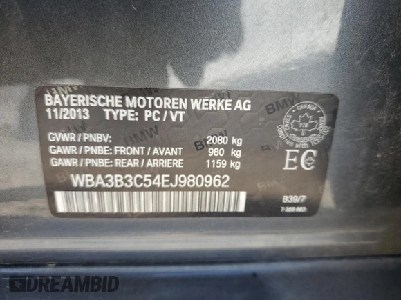 2014 BMW 3 Series 328i xDrive with VIN WBA3B3C54EJ980962, listed as a Copart auction lot 68424504 with 286,838 mi miles and Clean Title. Bid and sale history available at carsss.com. Image 12.