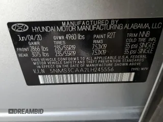 2020 Hyundai Santa Fe SEL with VIN 5NMS3CAA2LH245556, listed as a Copart auction lot 43567925 with 44,670 mi miles and Salvage Title. Bid and sale history available at carsss.com. Image 14.
