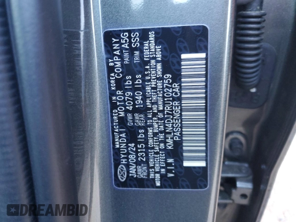 2024 Hyundai Elantra Limited z VIN KMHLN4DJ7RU102759, wystawiony jako Copart lot #42094845 z przebiegiem 1 008 mil mil oraz Szkoda całkowita • Salvage title. Historia ofert i sprzedaży dostępna na DreamBid. Obrazek 13.