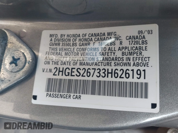 2003 Honda Civic EX with VIN 2HGES26733H626191, listed as a IAAI auction lot 41623055 with 107,125 mi miles and . Bid and sale history available at DreamBid. Image 9.