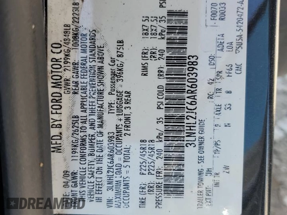2010 Lincoln MKZ with VIN 3LNHL2JC6AR603983, listed as a Copart auction lot 53547415 with 183,540 mi miles and Salvage title. Bid and sale history available at DreamBid. Image 13.