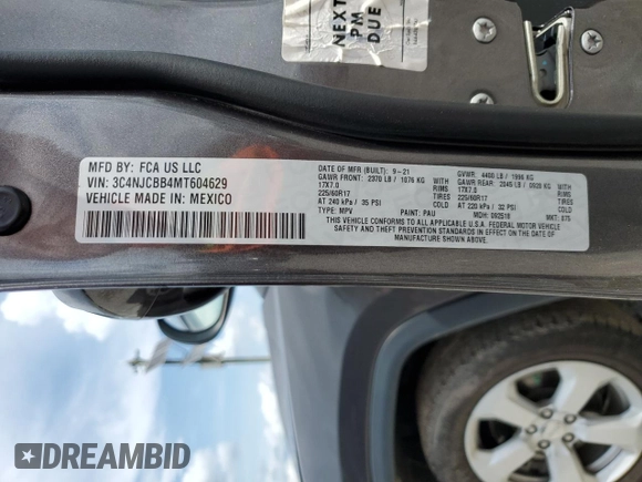 2021 Jeep Compass Latitude z VIN 3C4NJCBB4MT604629, wystawiony jako Copart lot #54324715 z przebiegiem 83 740 mil mil oraz Szkoda całkowita • Salvage title. Historia ofert i sprzedaży dostępna na DreamBid. Obrazek 13.