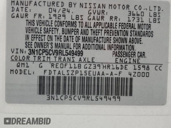 2024 Nissan Kicks SV with VIN 3N1CP5CV9RL549499, listed as a Copart auction lot 53754905 with 21,210 mi miles and Salvage Title. Bid and sale history available at carsss.com. Image 13.