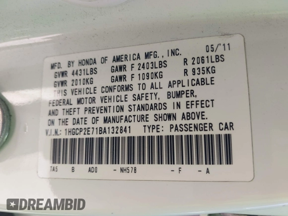 2011 Honda Accord EX with VIN 1HGCP2E71BA132841, listed as a IAAI auction lot 42270446 with 127,916 mi miles and . Bid and sale history available at DreamBid. Image 9.