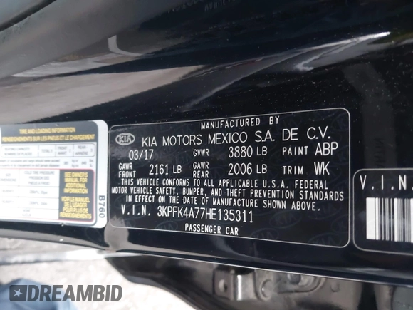 2017 Kia Forte LX with VIN 3KPFK4A77HE135311, listed as a IAAI auction lot 42168318 with 165,249 mi miles and . Bid and sale history available at carsss.com. Image 9.