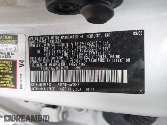 2009 Toyota Venza z VIN 4T3ZE11A99U016356, wystawiony jako IAAI lot #41911800 z przebiegiem 185 086 mil mil oraz . Historia ofert i sprzedaży dostępna na DreamBid. Obrazek 9.