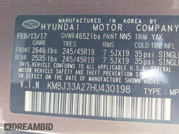 2017 Hyundai Tucson Value with VIN KM8J33A27HU430198, listed as a IAAI auction lot 42104369 with 163,929 mi miles and . Bid and sale history available at DreamBid. Image 9.