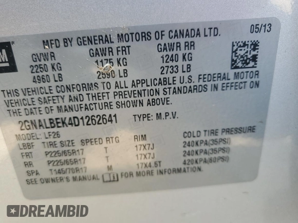 2013 Chevrolet Equinox LS z VIN 2GNALBEK4D1262641, wystawiony jako Copart lot #58929935 z przebiegiem 152 432 mil mil oraz Nie do naprawy • Non repairable. Historia ofert i sprzedaży dostępna na DreamBid. Obrazek 13.