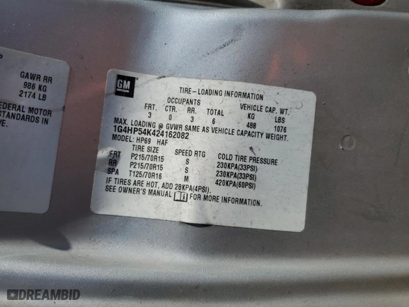 2002 Buick LeSabre Custom with VIN 1G4HP54K424162082, listed as a Copart auction lot 46717355 with 198076 miles and Salvage Title. Bid and sale history available at carsss.com. Image 12.