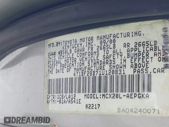 2001 Toyota Avalon XL z VIN 4T1BF28B71U120831, wystawiony jako IAAI lot #42299159 z przebiegiem 220 936 mil mil oraz . Historia ofert i sprzedaży dostępna na DreamBid. Obrazek 9.