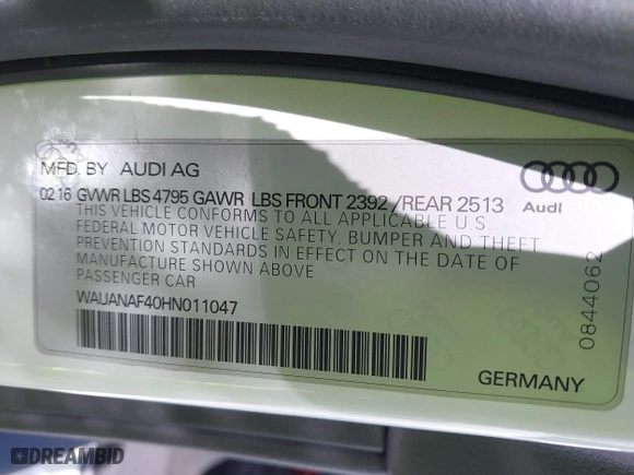 2017 Audi A4 Premium with VIN WAUANAF40HN011047, listed as a IAAI auction lot 41824638 with 107,802 mi miles. Bid and sale history available at carsss.com. Image 9.