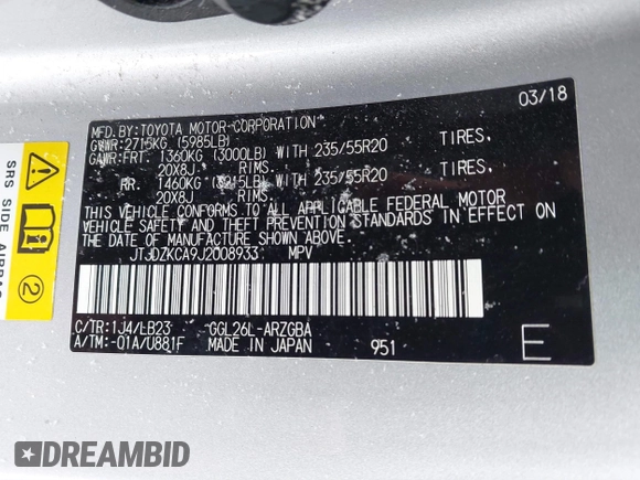 2018 Lexus RX 350L Premium z VIN JTJDZKCA9J2008933, wystawiony jako IAAI lot #41600527 z przebiegiem 93 423 mil mil oraz . Historia ofert i sprzedaży dostępna na DreamBid. Obrazek 9.
