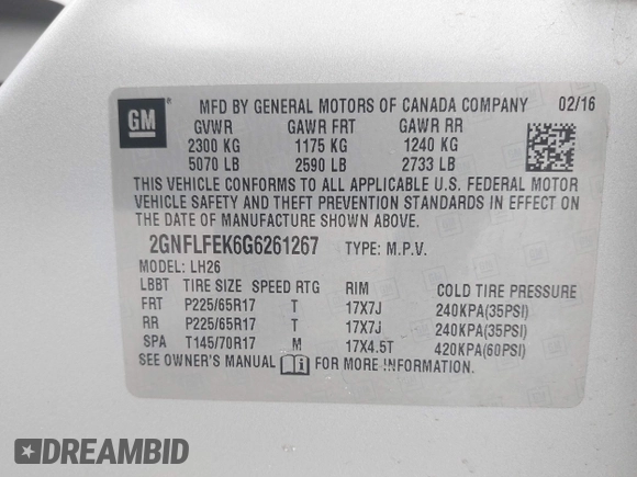 2016 Chevrolet Equinox LT with VIN 2GNFLFEK6G6261267, listed as a IAAI auction lot 42113591 with 98,240 mi miles and . Bid and sale history available at DreamBid. Image 9.